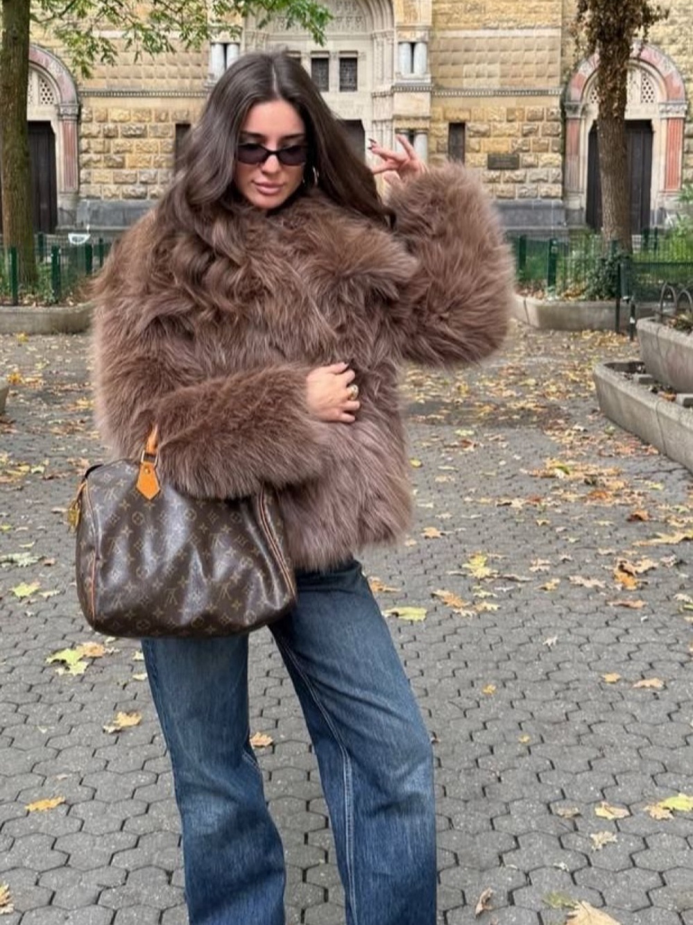 Women's Faux Fur shaggy Coat - Brown